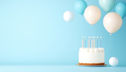 A beautifully decorated birthday cake with candles and colorful balloons against a blue background