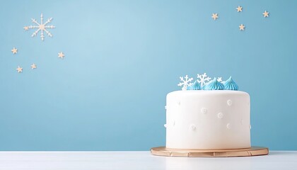 Festive white cake with blue decorations against a soft blue background, ideal for celebrations