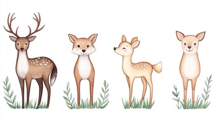 Four adorable illustrated deer characters standing in grass with subtle foliage in the background