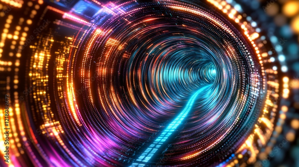 Poster abstract digital tunnel with vibrant glowing particles and a futuristic design effect