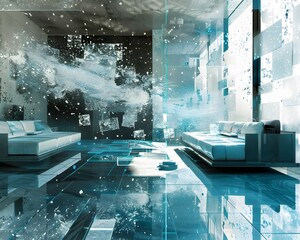 Illustration of An ultra-modern living room with sleek furniture, partially disintegrating into digital particles, blending luxury with chaos. Ai Generate.
