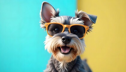 A Happy Miniature Schnauzer Dog Wearing Sunglasses Against a Colorful Background