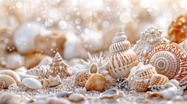 Sunlight filters through a gentle breeze, illuminating a rich array of seashells scattered across the soft, warm sand, evoking a serene and tranquil coastal atmosphere.