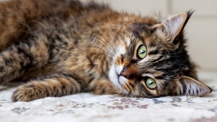 Naklejka premium Mesmerizing Green-Eyed Stray Cat Portrait on White Bed Animal Photography Close-up
