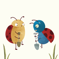 Hand Drawn Two Bugs Holding a Shovel in the Garden