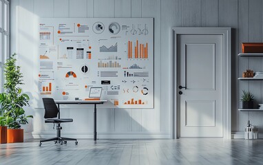 A clean and sharp 3D visualization of a business model on a grey wall