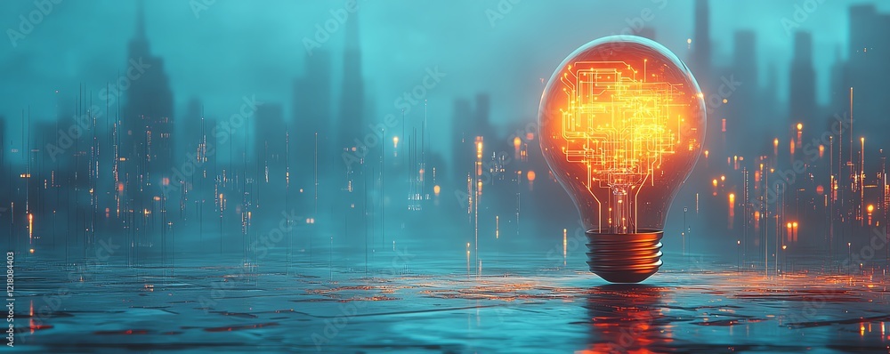 Poster a cuttingedge 3d scene of a glowing lightbulb embedded with microcircuits
