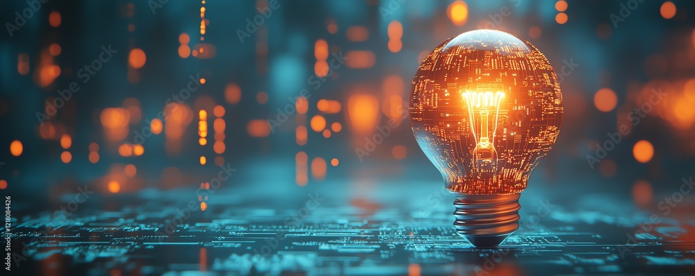 Poster a cuttingedge 3d scene of a glowing lightbulb embedded with microcircuits
