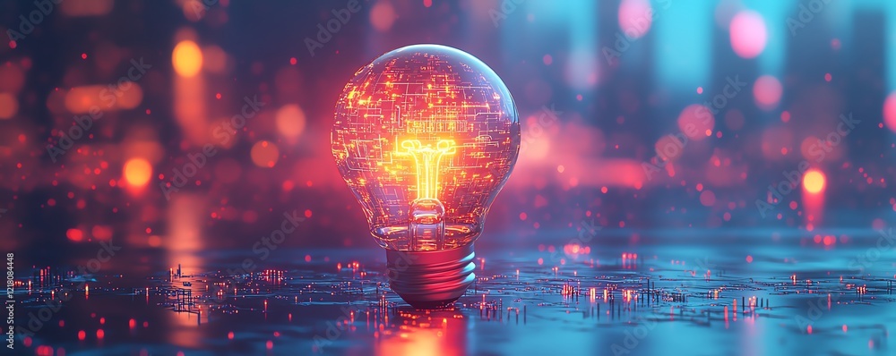 Poster a cuttingedge 3d scene of a glowing lightbulb embedded with microcircuits