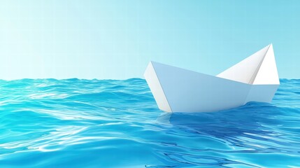 Minimalist Paper Boat Floating on Calm Blue Ocean Water Surface
