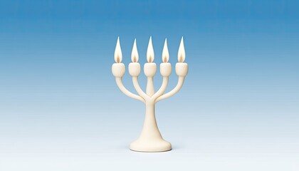 Fototapeta premium Elegant menorah with five flames against a soft blue gradient background, symbolizing light and tradition