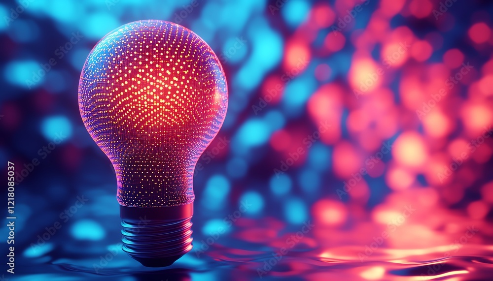 Poster a futuristic 3d rendering of a glowing lightbulb with intricate microcircuit patterns