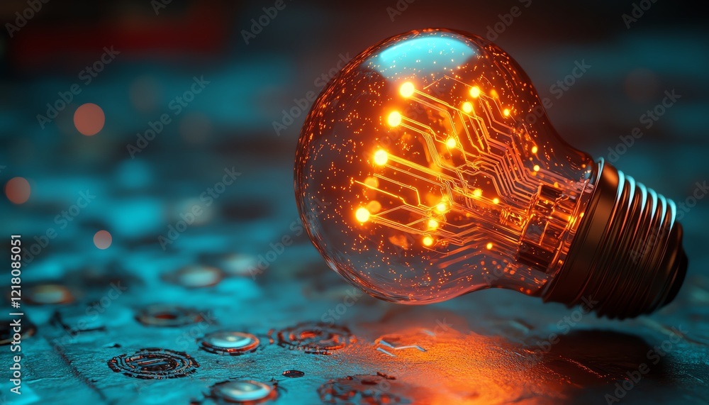 Poster a futuristic 3d rendering of a glowing lightbulb with intricate microcircuit patterns