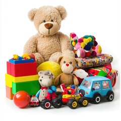 Colorful toys, teddy bear, playthings, studio shot, white background, children's room
