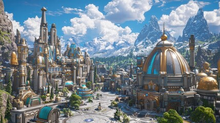 Majestic Fantasy Cityscape with Mountains and Bright Blue Sky