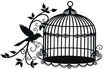A bird in a cage with flowers and leaves