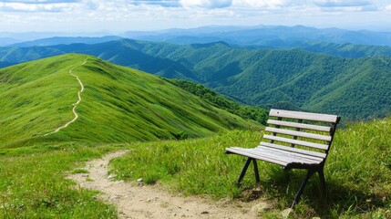 Serene Landscape View with Wooden Bench on Green Hilltop Trail