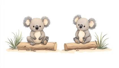 Two adorable koalas sitting on logs in a serene landscape with gentle grass accents in the background