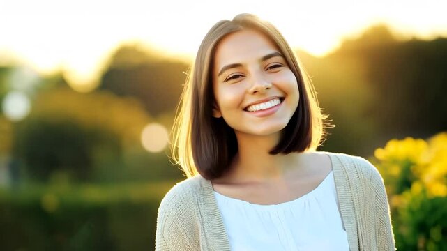 Cheerful Young Woman Smiling Brightly in a Sunny Garden Setting