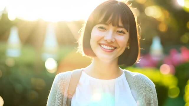 Cheerful Young Woman Smiling Brightly in a Sunny Garden Setting