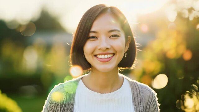 Cheerful Young Woman Smiling Brightly in a Sunny Garden Setting