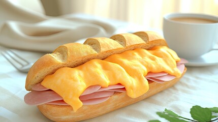 Delicious ham and cheese sandwich breakfast, coffee, home