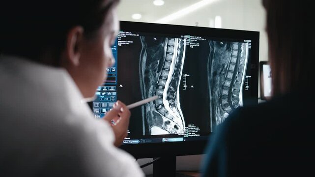 In the control room, a doctor and radiologist discuss the diagnosis while watching monitors showing MRI or CT scan results. The concept of teamwork and precise diagnostics in modern medicine.