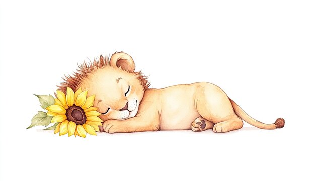 Adorable sleeping lion cub nestled beside a vibrant sunflower, evoking warmth and tranquility in a serene setting