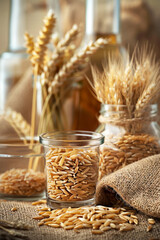 Golden Wheat Grains in Glass Jars with Whisk and Dried Stalks. Rustic Food Photography.
