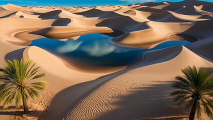 Serene Desert Oasis with Reflective Lake and Palm Trees Under Golden Sunlight