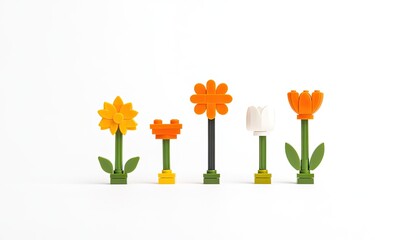 Colorful arrangement of five flower-like structures made from building blocks against a white background