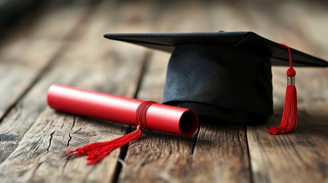Graduation cap and diploma on rustic wood