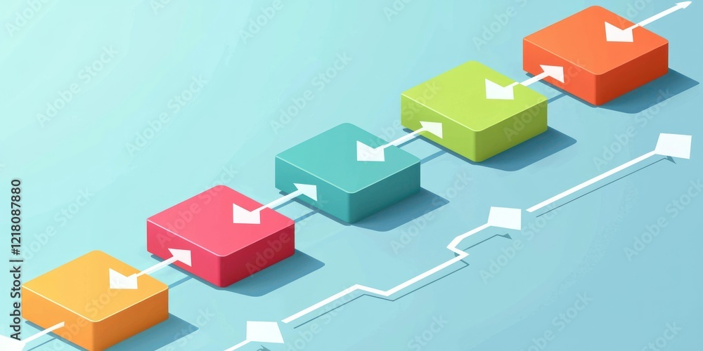 Poster a five-step infographic with boxes connected by arrows, each representing a step in a process.