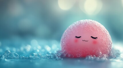 Fototapeta premium Adorable Pink Bubble with Face Floating on Water with Soft Light Surrounding Atmosphere