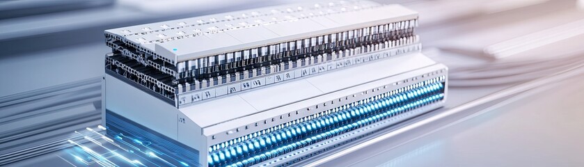 Stacked data center server units; futuristic tech background. Use Tech illustration