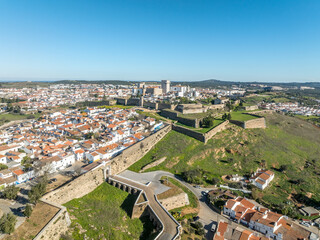 Obraz premium Aerial view of Estremoz fortified garrison town on the Portuguese Spanish border with medieval castle and ramparts 