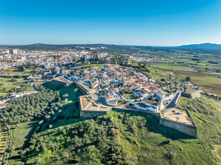 Aerial view of Estremoz fortified garrison town on the Portuguese Spanish border with medieval castle and ramparts 