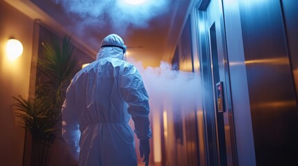 Person in hazmat suit disinfects hallway. Image depicts sanitation and safety protocols.