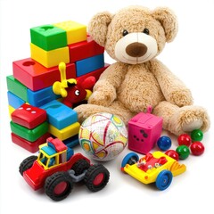 Colorful toys, teddy bear, blocks, studio.  Playtime fun, children's room decor