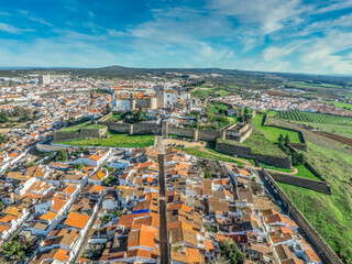 Aerial view of the castle of Estremoz in Portugal dominated by a square keep built from white...