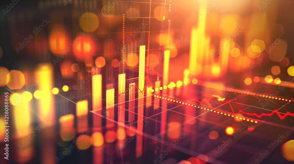 Poster Abstract data visualization with glowing bars and lines representing financial trends.