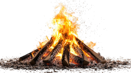 Bonfire burning brightly at night on dark background, for warmth or cooking