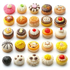 Assorted miniature cakes, white background, sweet treats, food photography, baking