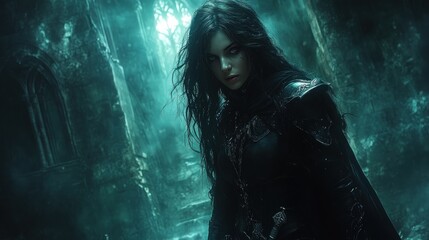 Obraz premium Mysterious woman in dark fantasy attire stands in ancient ruins, illuminated by an ethereal glow.