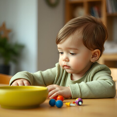 Cute child playing on table indoor, selective focus.