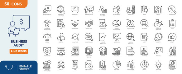 Business Audit icon set. Containing inspecting, control, finance, and more. Outline Icon Collection. Vector illustration. Editable stroke	