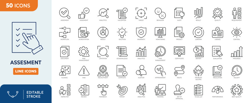 Assesment icon set. Containing Audit, analysis, plan, evaluation, result, goal and more. Outline Icon Collection. Editable stroke. Vector illustration