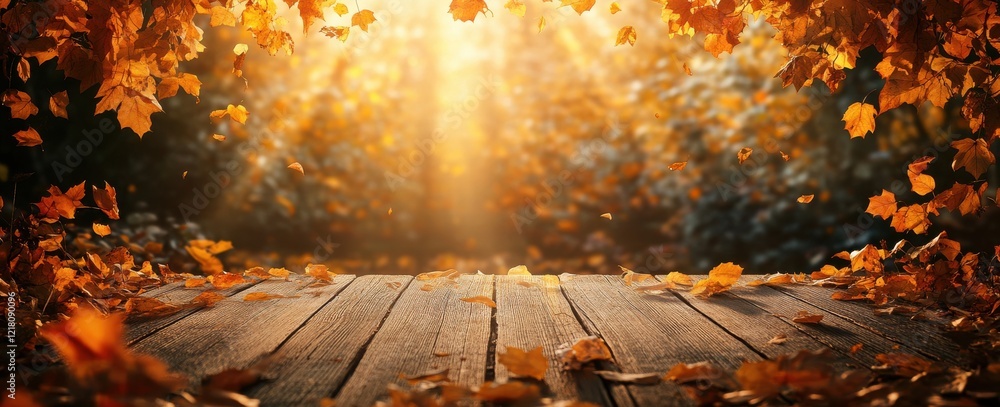 Aufkleber Serene Autumn Landscape with Sunlight Filtering Through Golden Leaves and Rustic Wooden Plank Pathway Inviting Connection to Nature in Tranquil Forest Setting