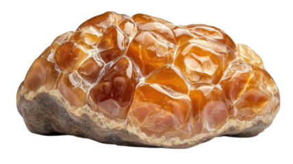 Botryoidal orange calcite mineral specimen on dark background, studio shot