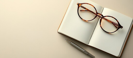 Simple Workspace: A Notebook, Pen, and Glasses on a Neutral Background